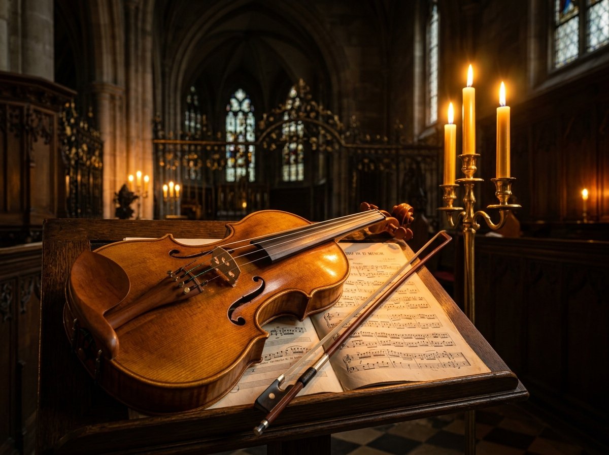 Violín y partituras en iglesia para ceremonia